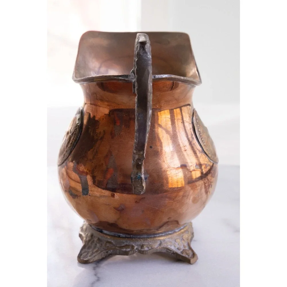Vintage Copper And Brass Creamer Pitcher Bull Emblem